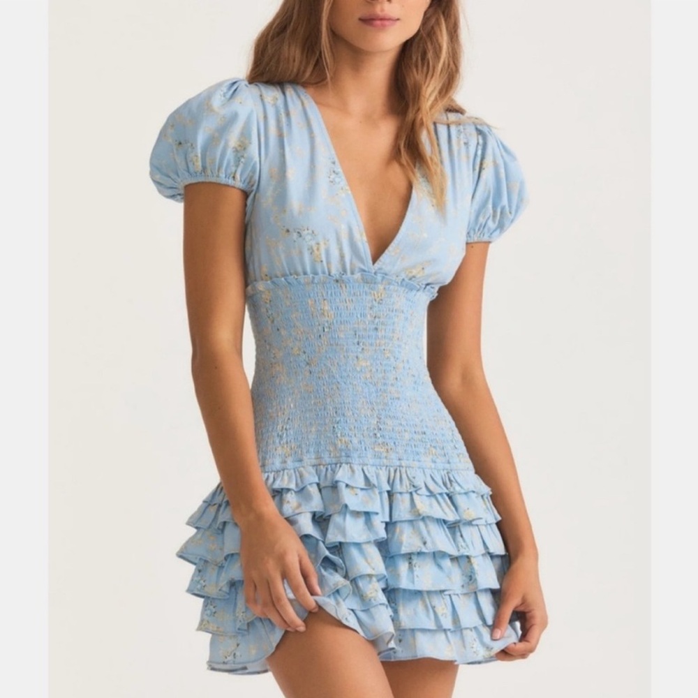 LoveShackFancy Light Blue Floral Mini Dress